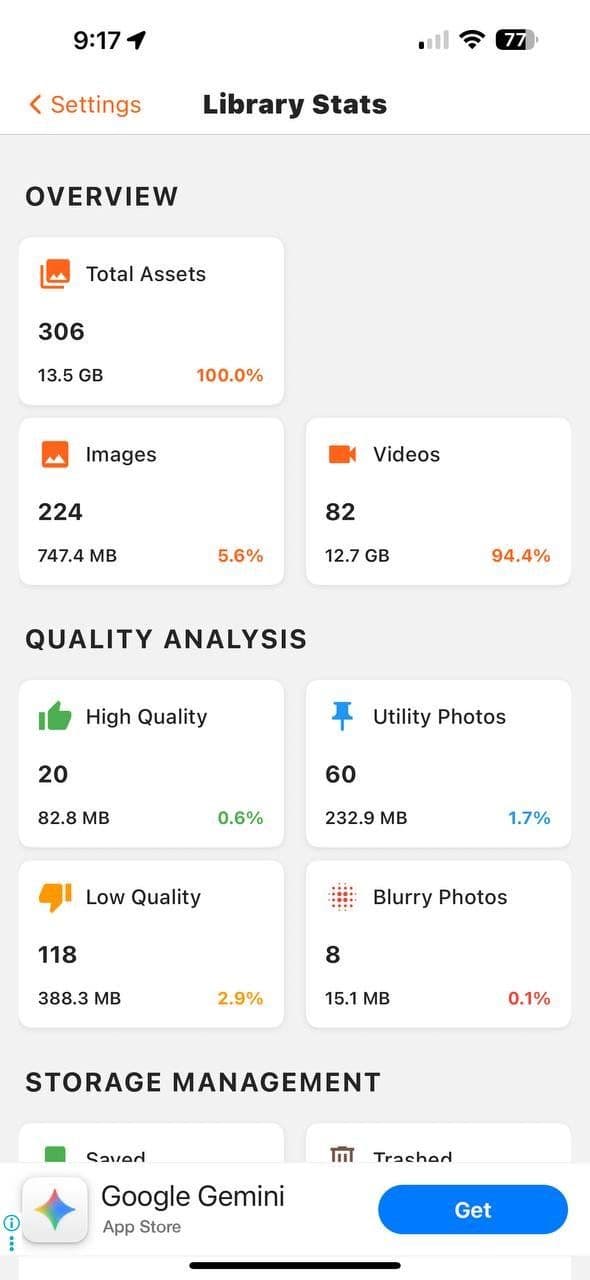 User 1 stats — 306 assets, 118 low quality, 8 blurry